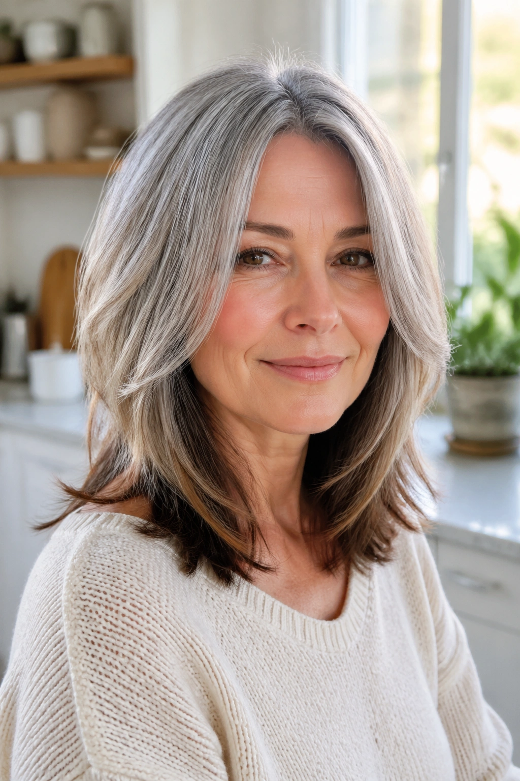 Close-up portrait of a real woman with layered mid-length hair and cocoa ends.