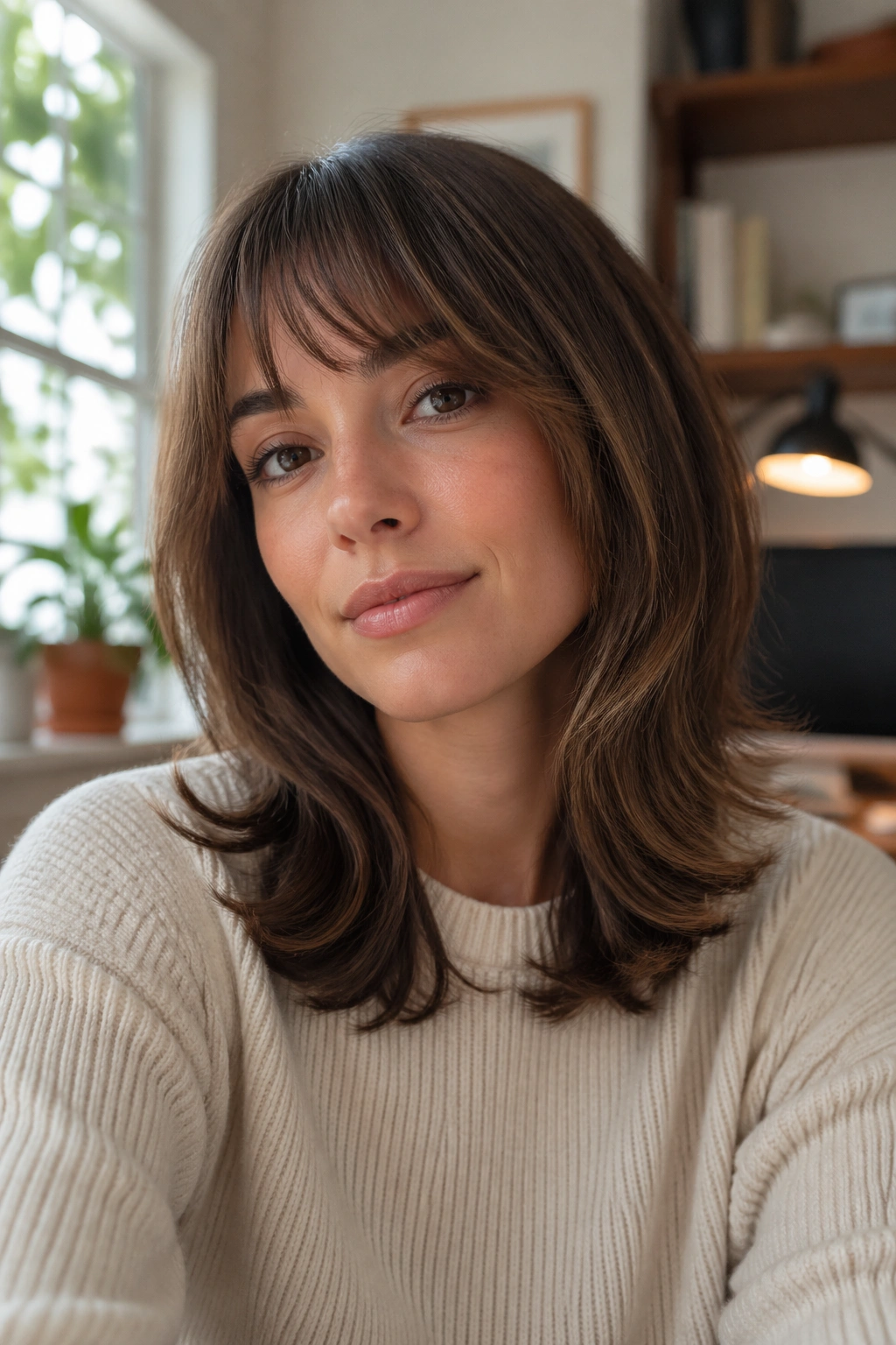Portrait of a woman with a layered mid-length cut and flipped ends in warm window light.