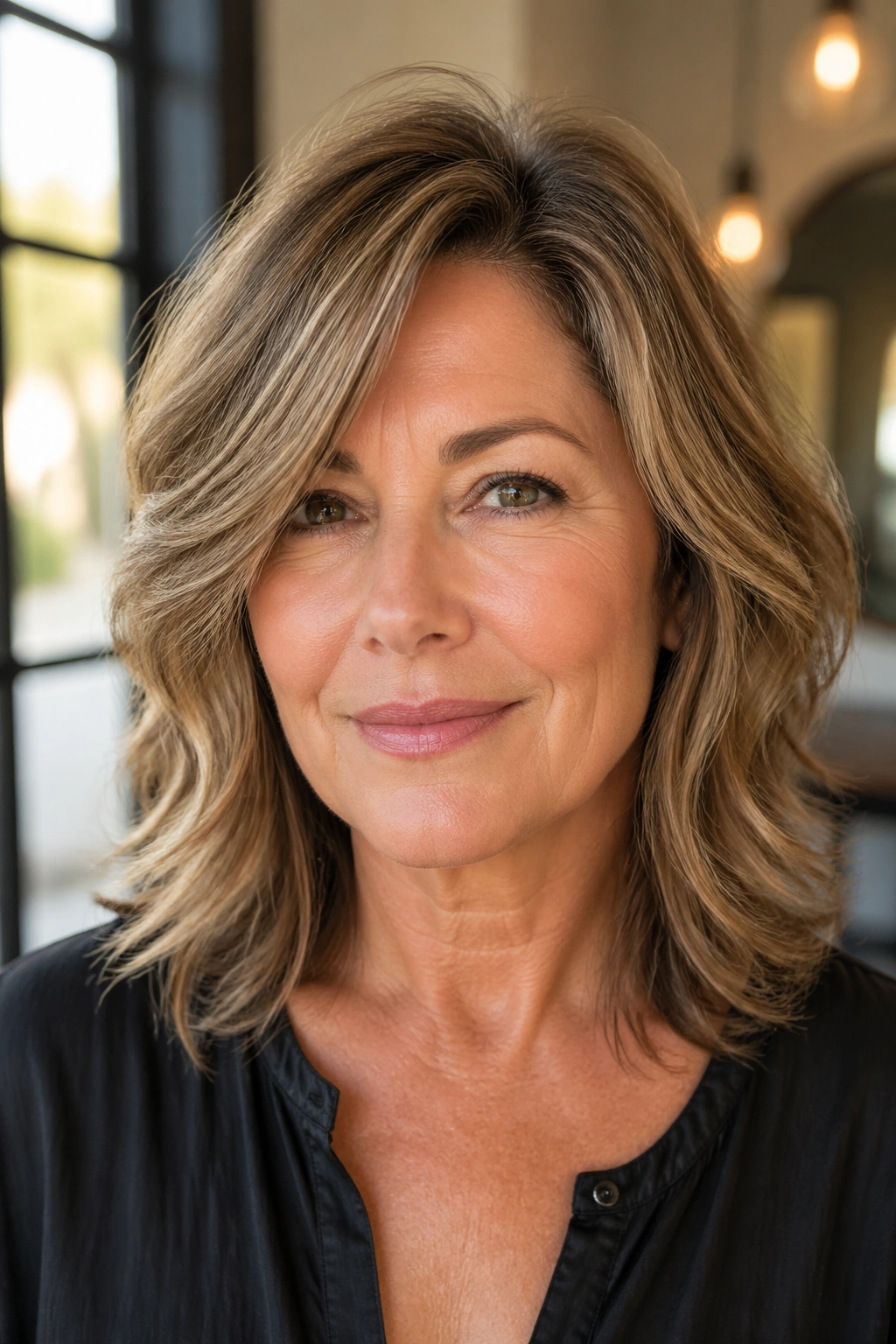 Close-up of real woman with layered midi shag and side part