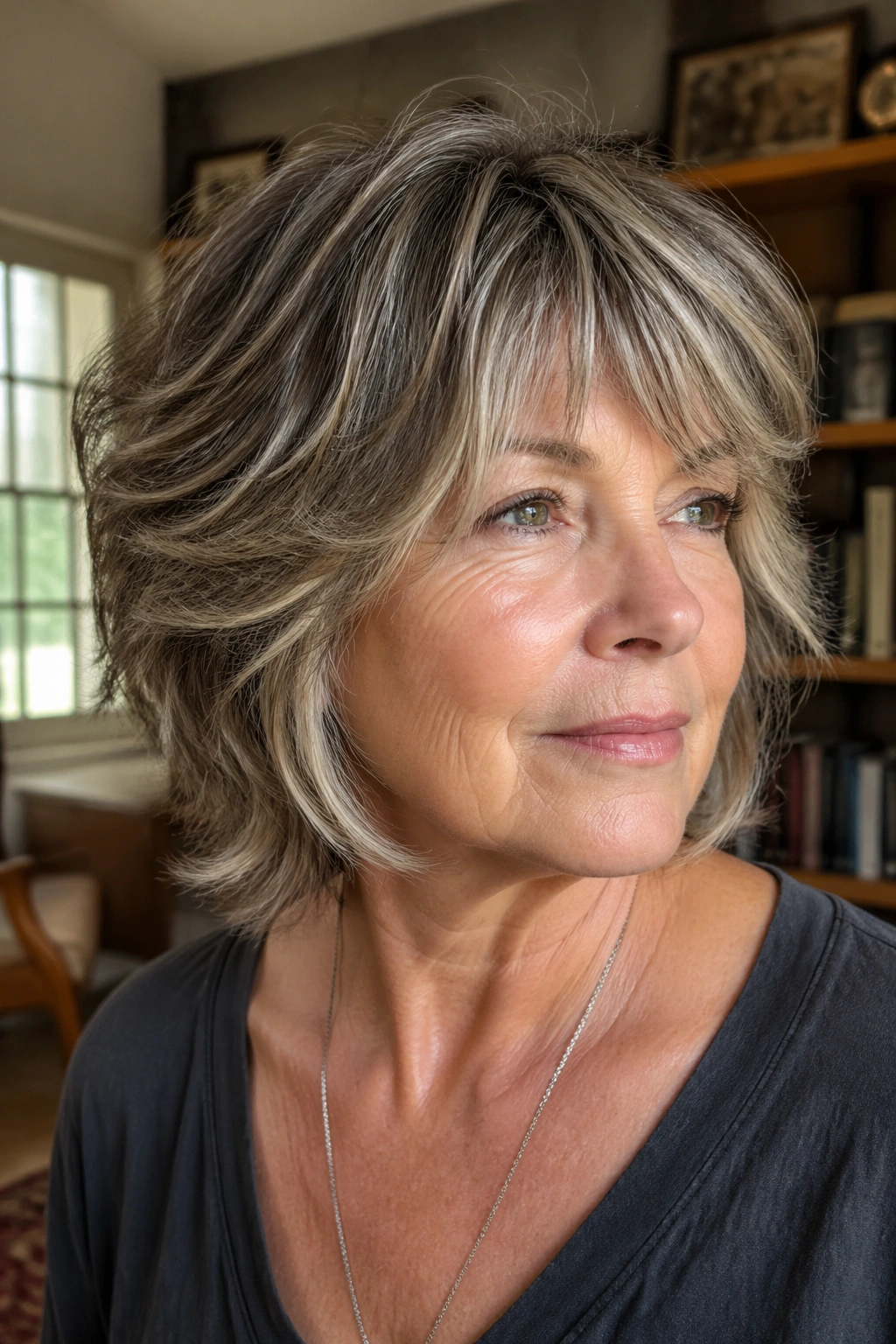 Close-up of a real woman with layered neck-length shag on thick hair.