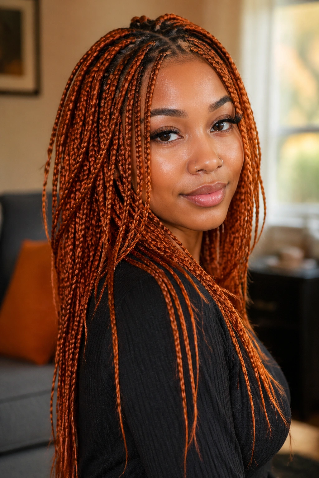 Close-up of layered orange box braids on a real woman