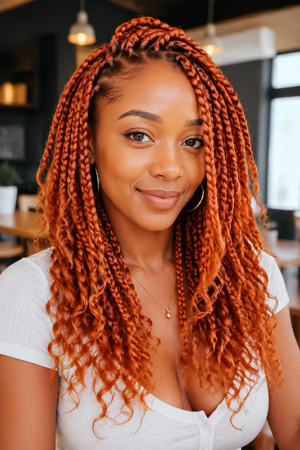 Close-up of layered orange box braids with mixed curl lengths on a real person
