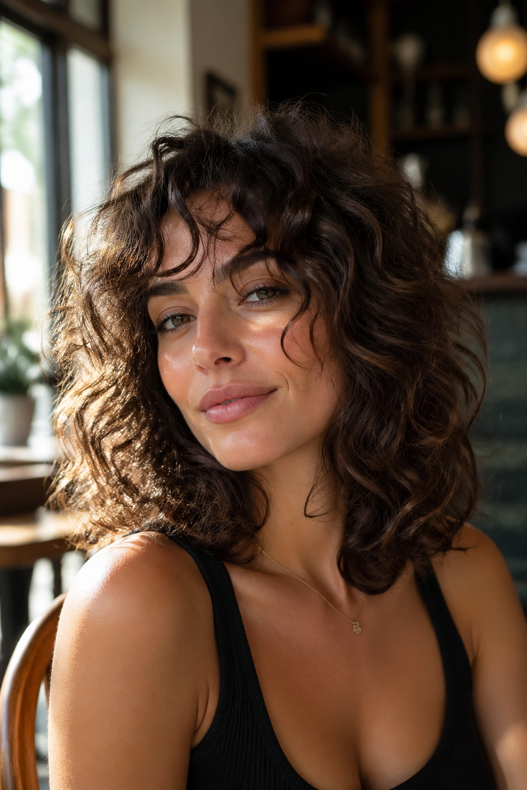 Close-up of a real woman with layered medium perm and air-dry finish in natural daylight.