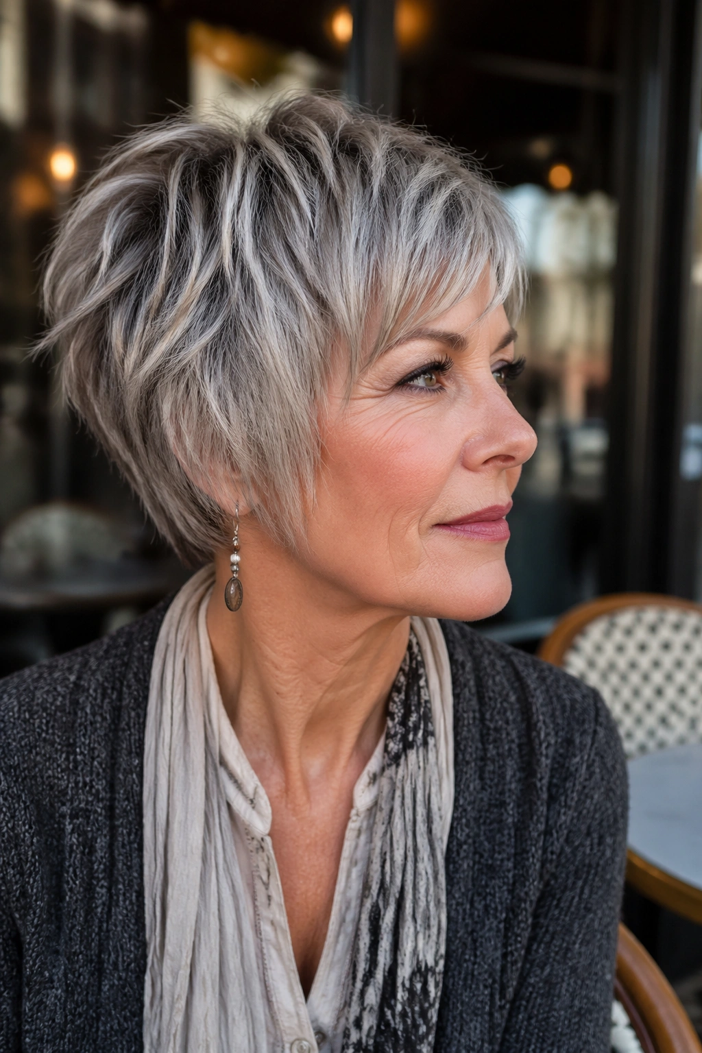 Close-up of a real woman with Layered Pixie Bob With Edge in outdoor cafe light