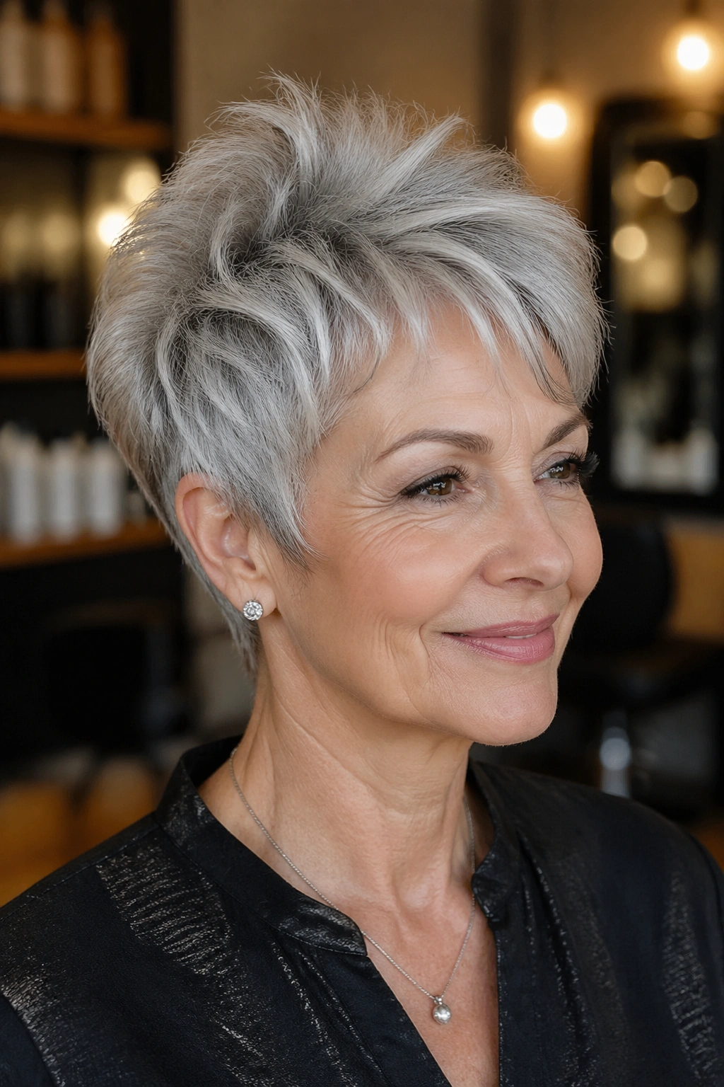 Portrait of an older woman layered pixie with lifted crown in warm salon light