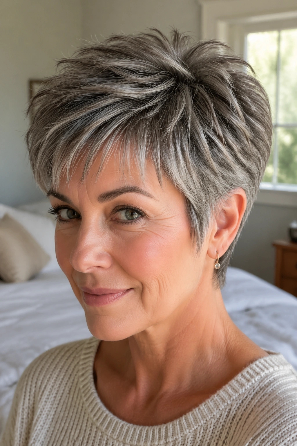 Close-up portrait of a real woman with layered pixie for thick hair, showing defined layers and a strong nape in window light.