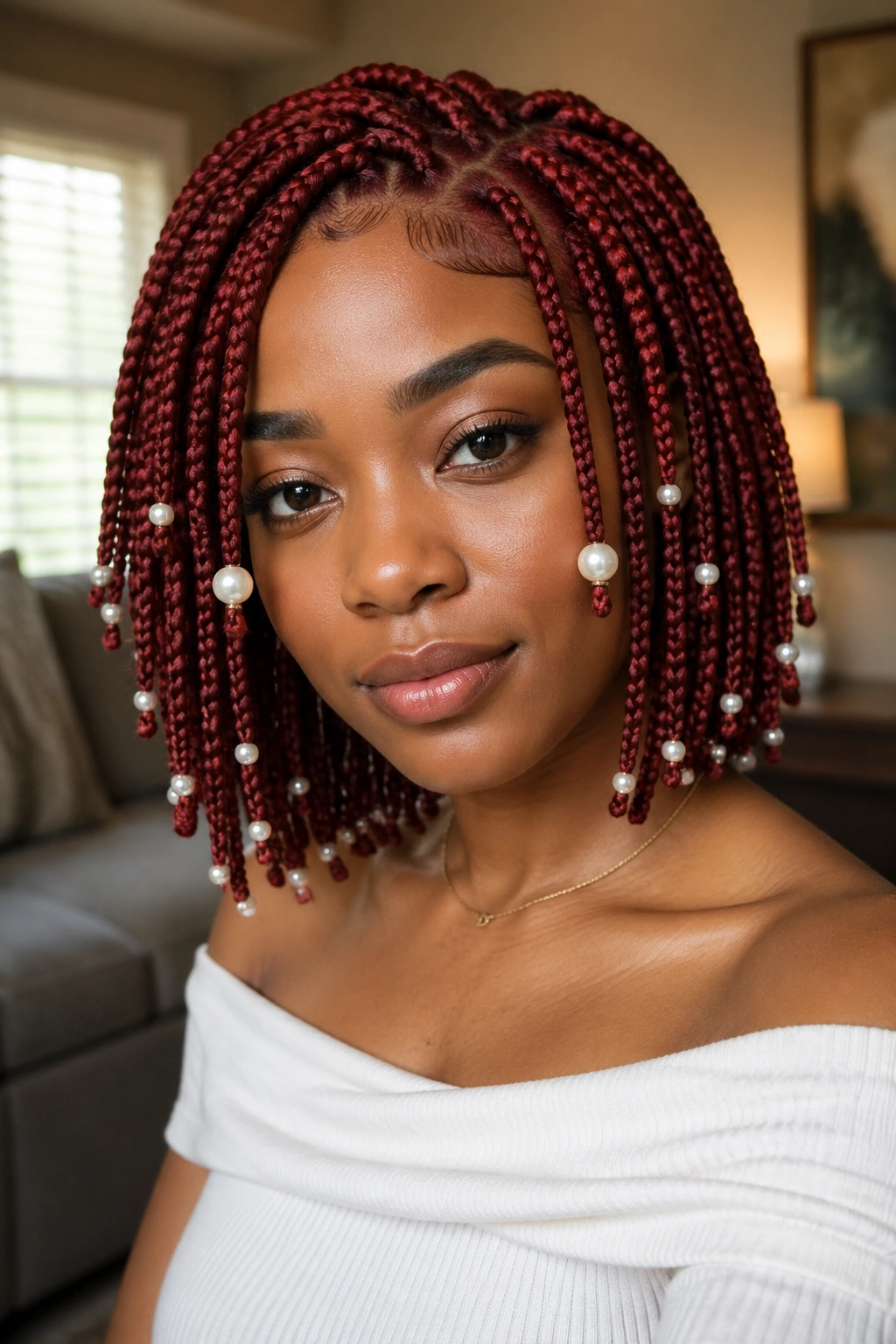 Close-up of layered red bob braids with pearls on a real woman