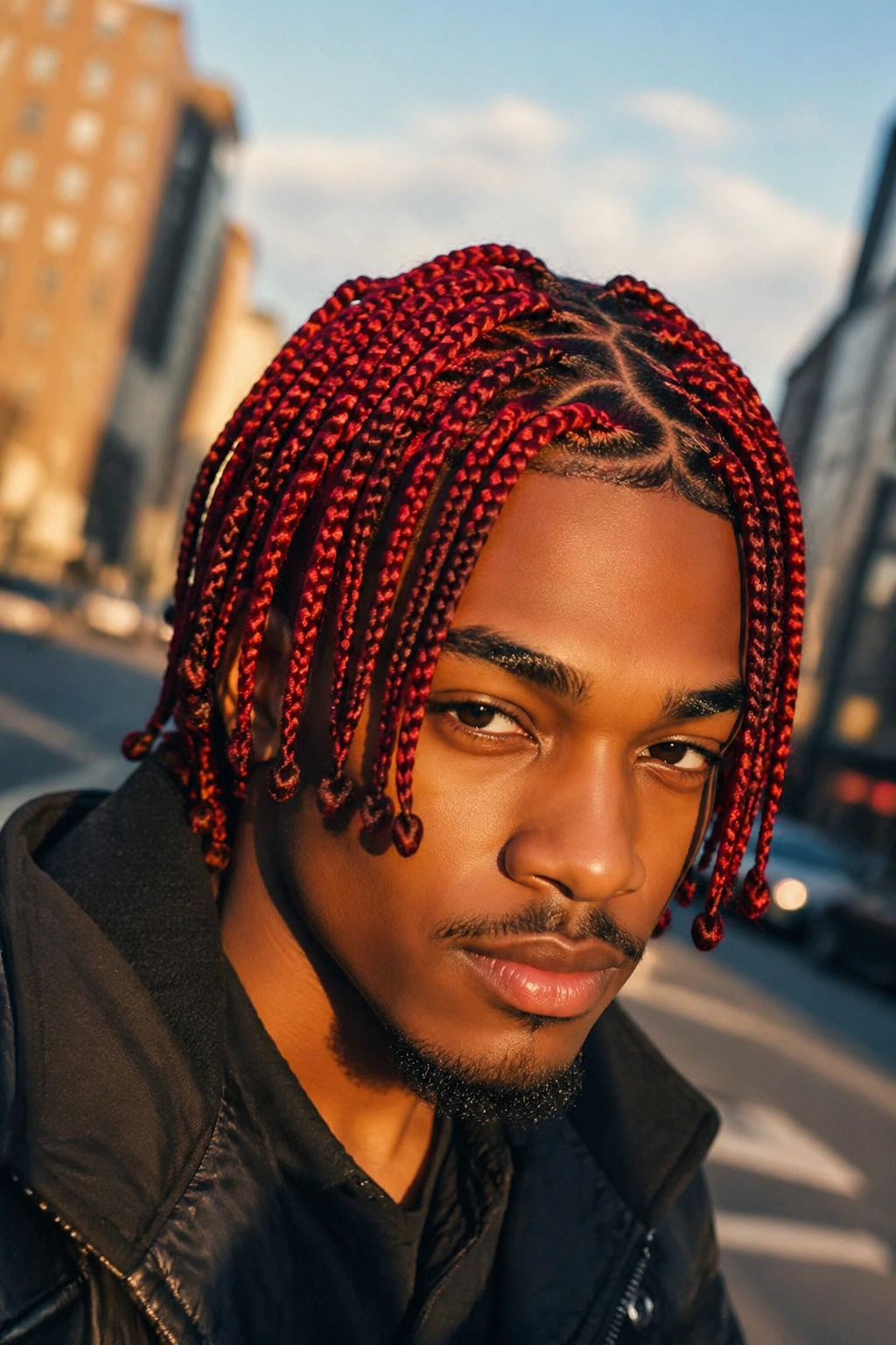 Close-up of a real man with layered red braids and curved parts framing the face