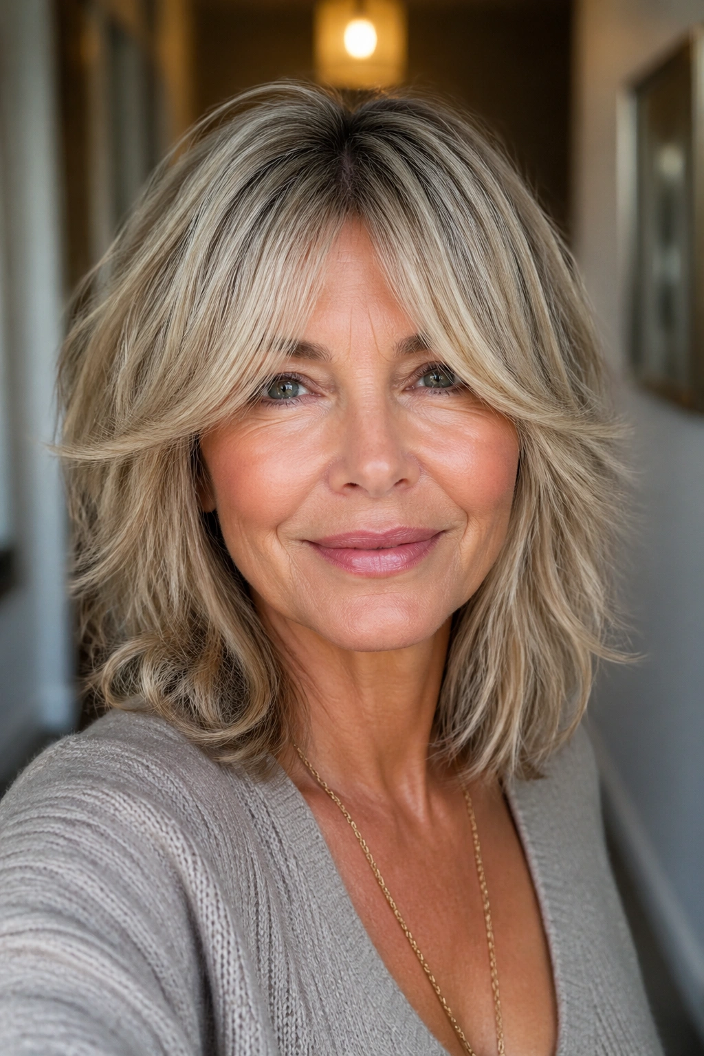 Close-up of a woman with layered shag and curtain bangs in a warm hallway