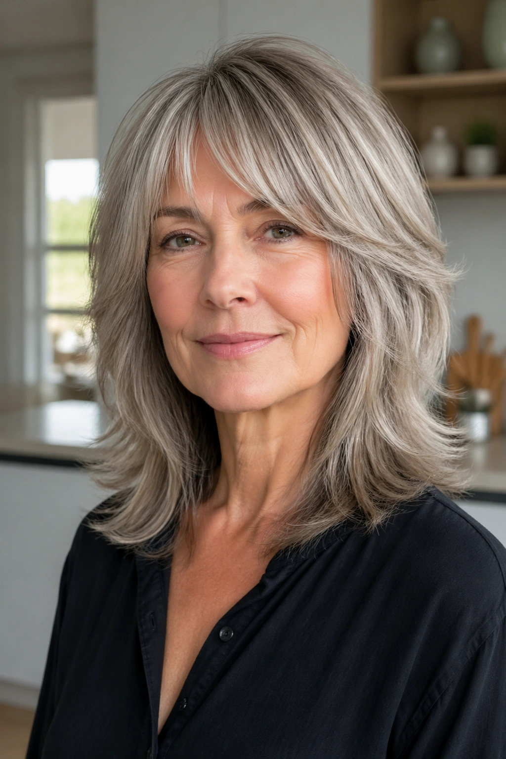 Portrait of a woman with layered shag on straight hair in natural light