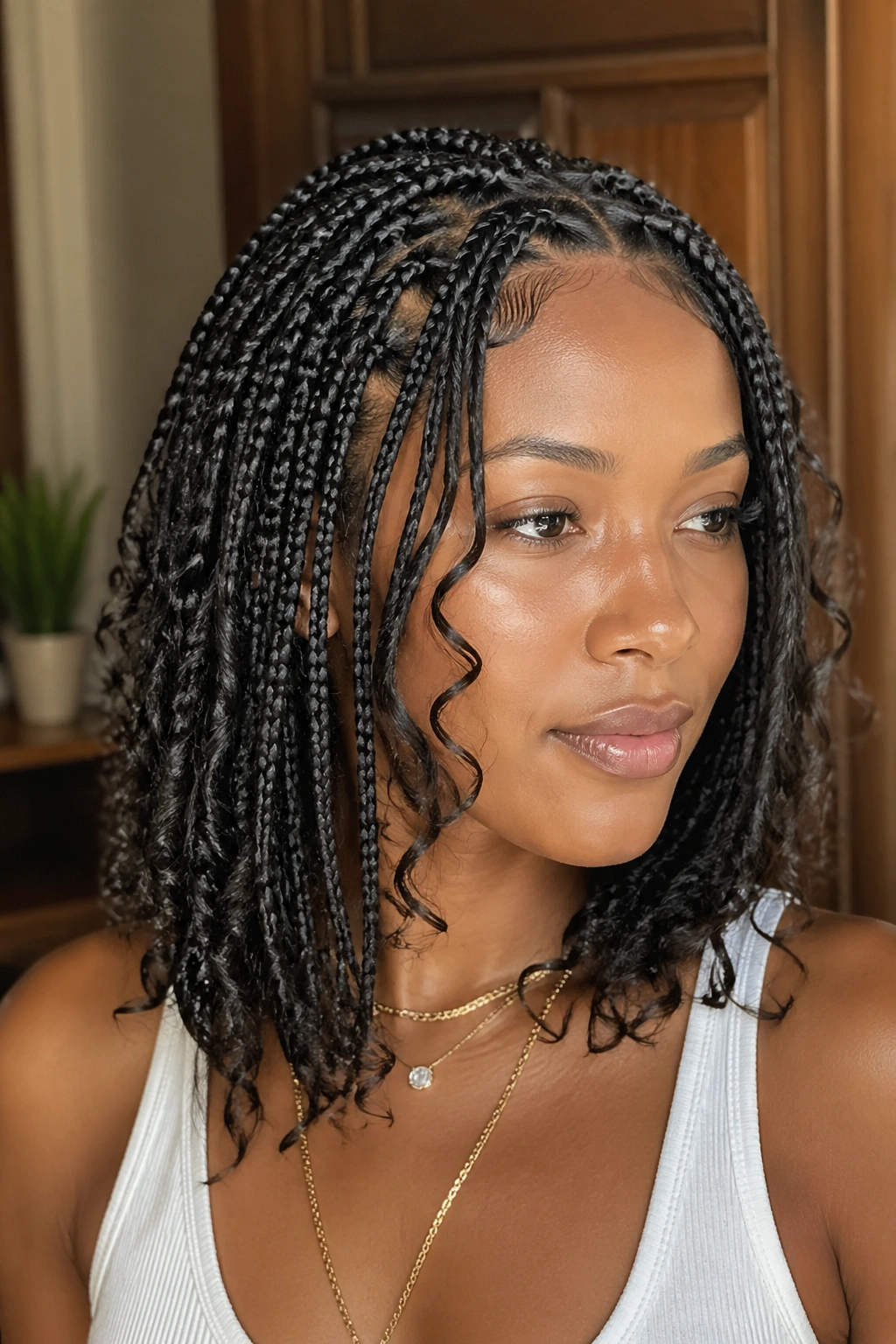 Close-up of real person with layered short boho knotless braids framing the face