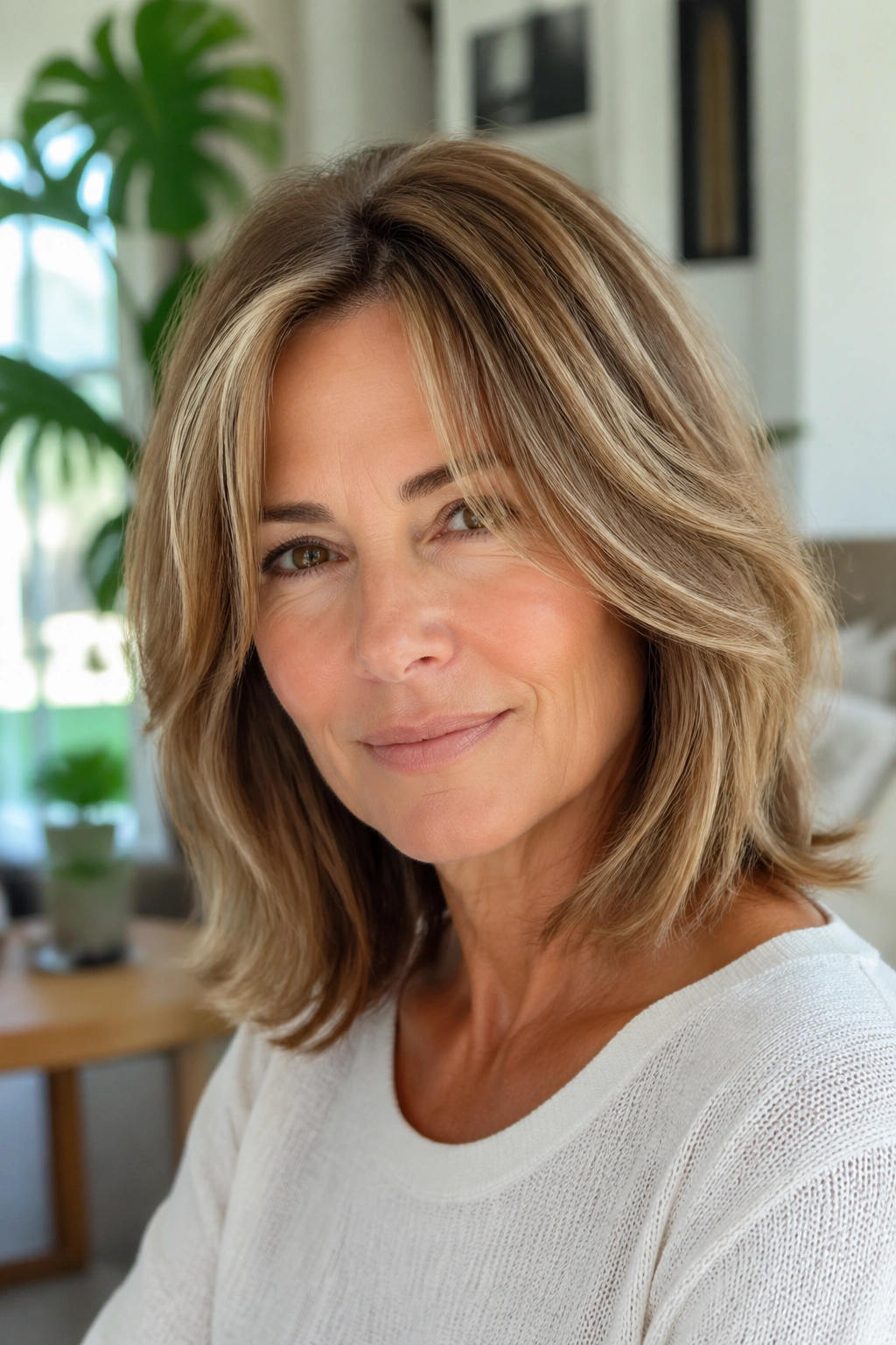 Real woman with layered shoulder-length hair and cheekbone framing pieces