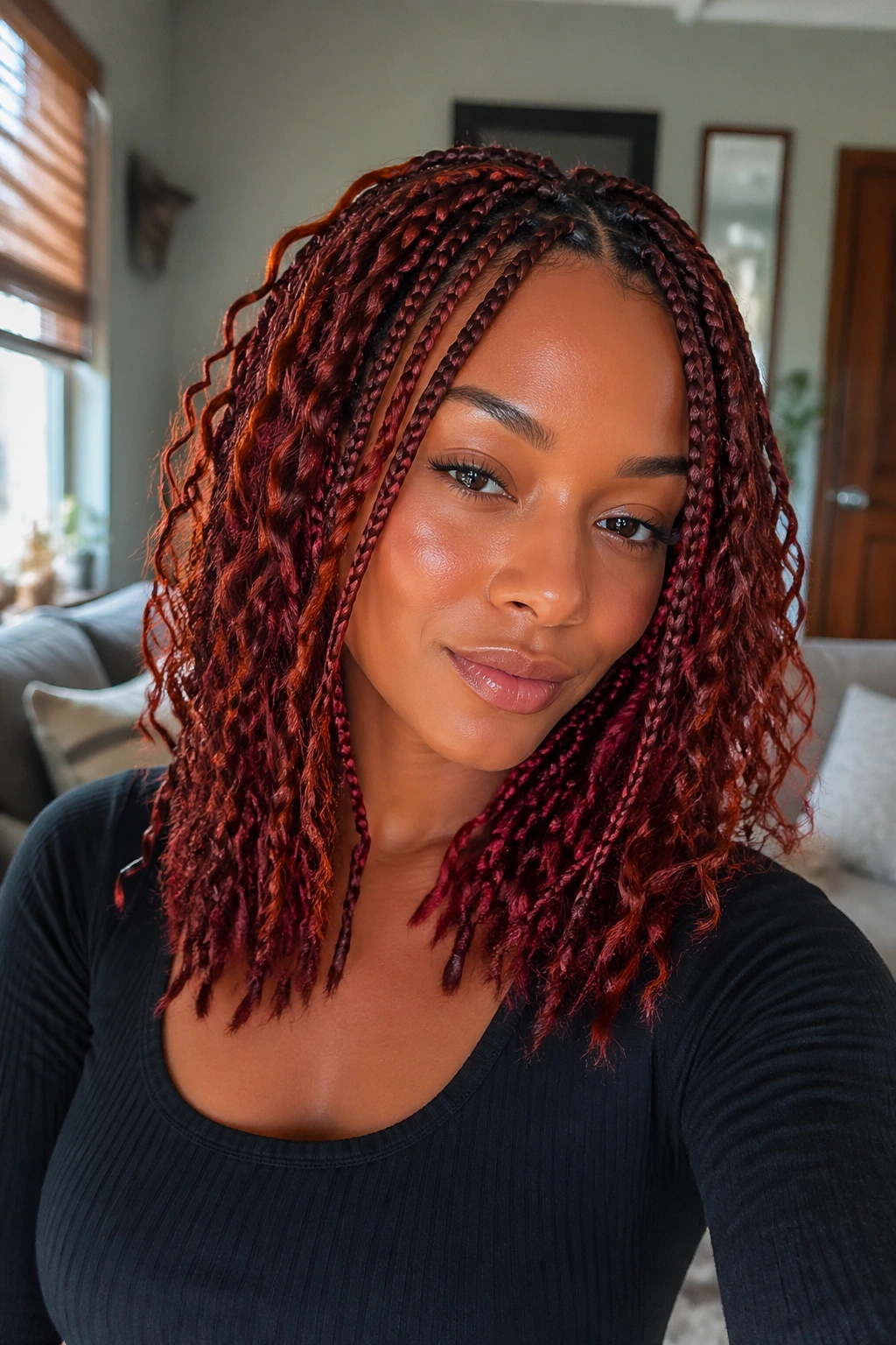 Layered shoulder-length red boho braids on a real person in a cozy room