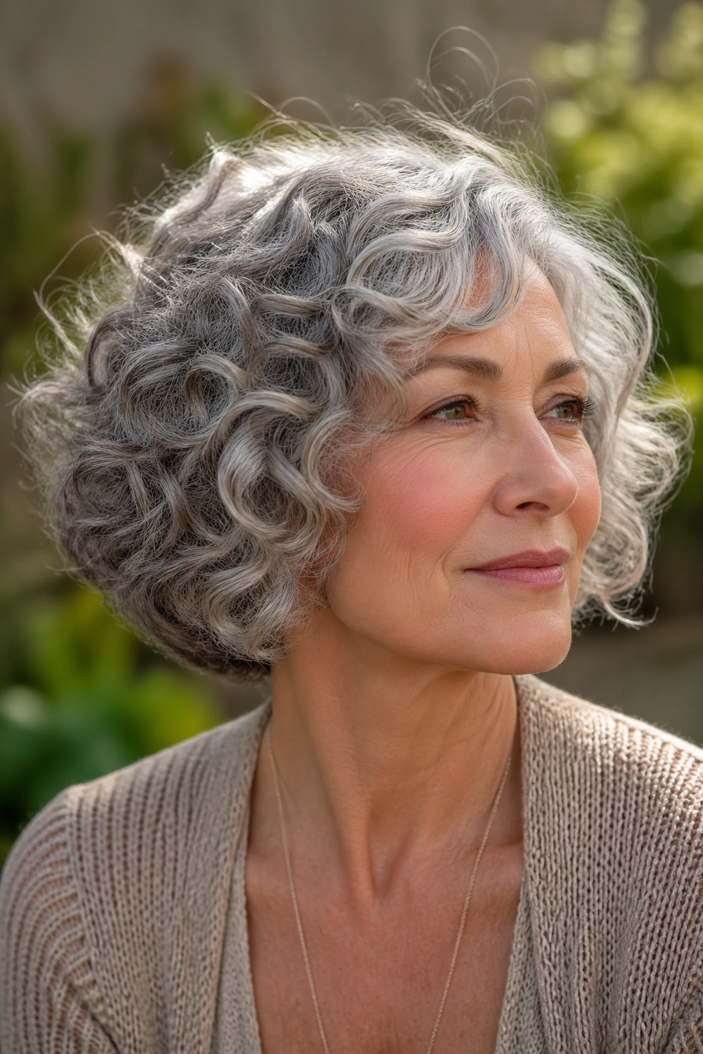 Layered silver curly bob on real woman highlighting gray hair with movement