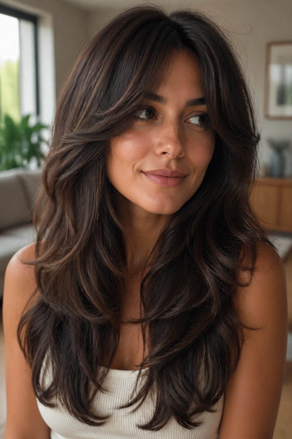 Close-up portrait of a real woman with layered thick hair cut showing long interior layers.