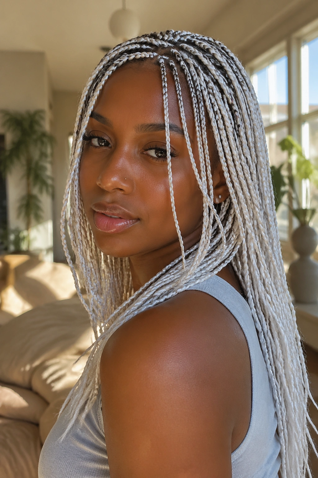 Real woman with layered white box braids and face-framing pieces in a sunlit room.