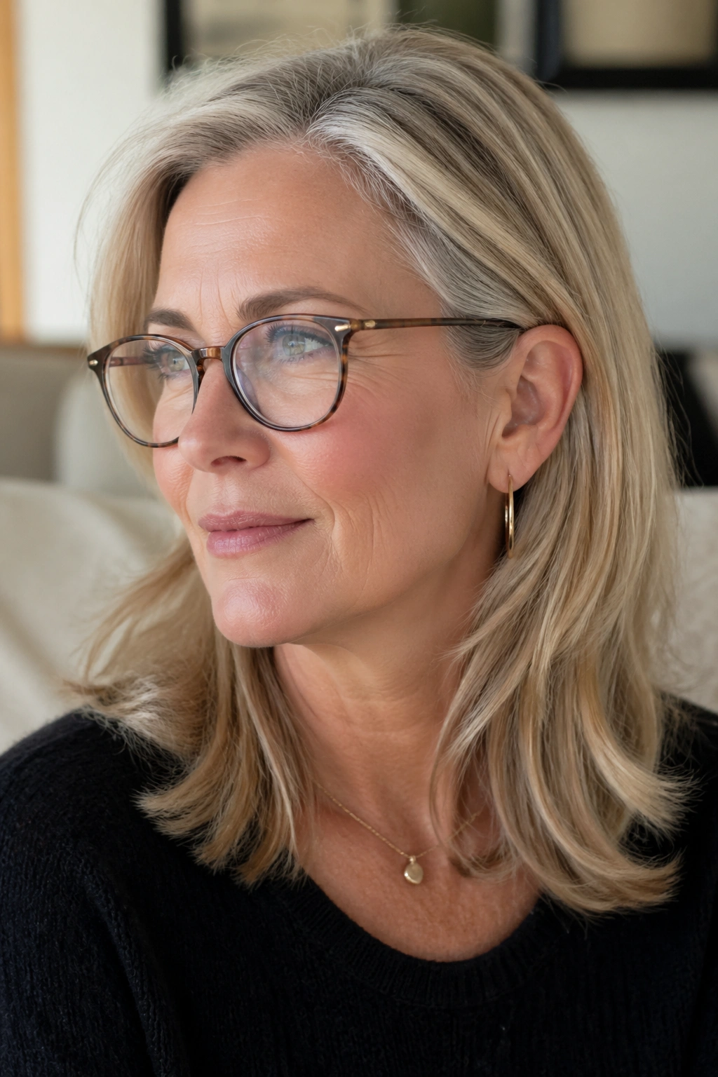 Close-up of a real woman with layers tucked behind the ear in a casual home setting