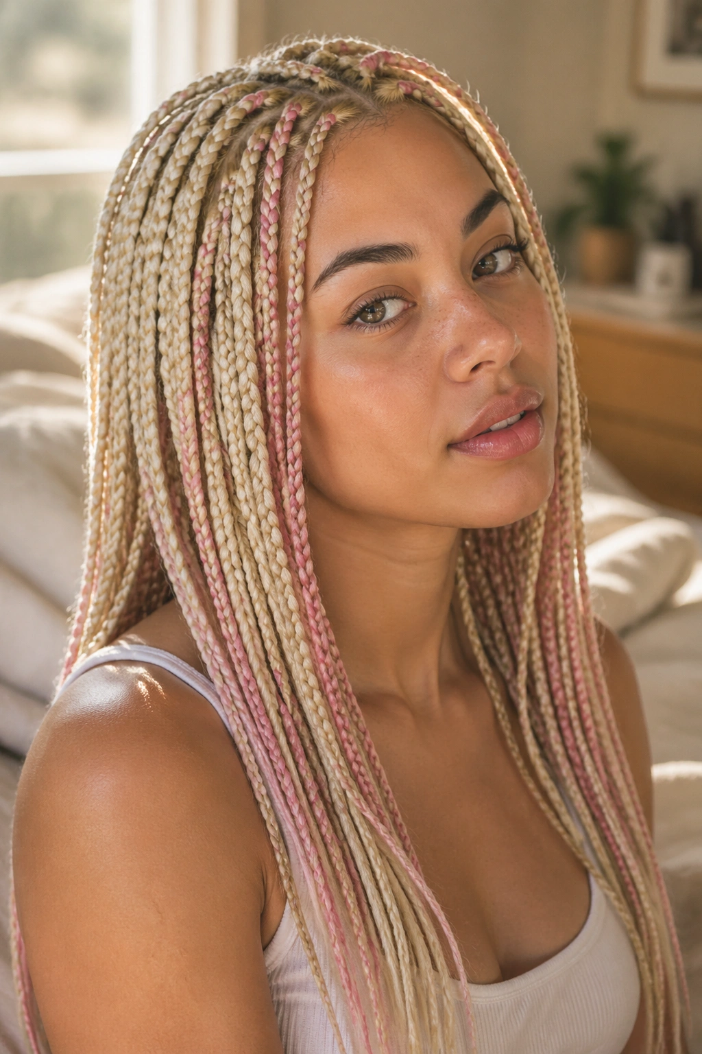 Close-up of lemon-blonde knotless braids with dusty pink highlights on a real person