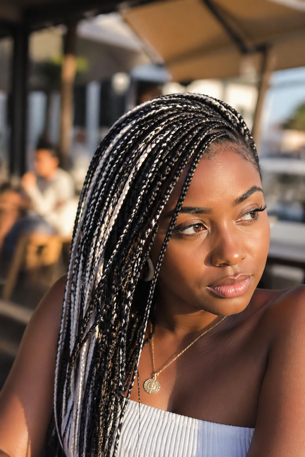 Close-up of a real woman with lemonade box braids and white highlights swept to the side