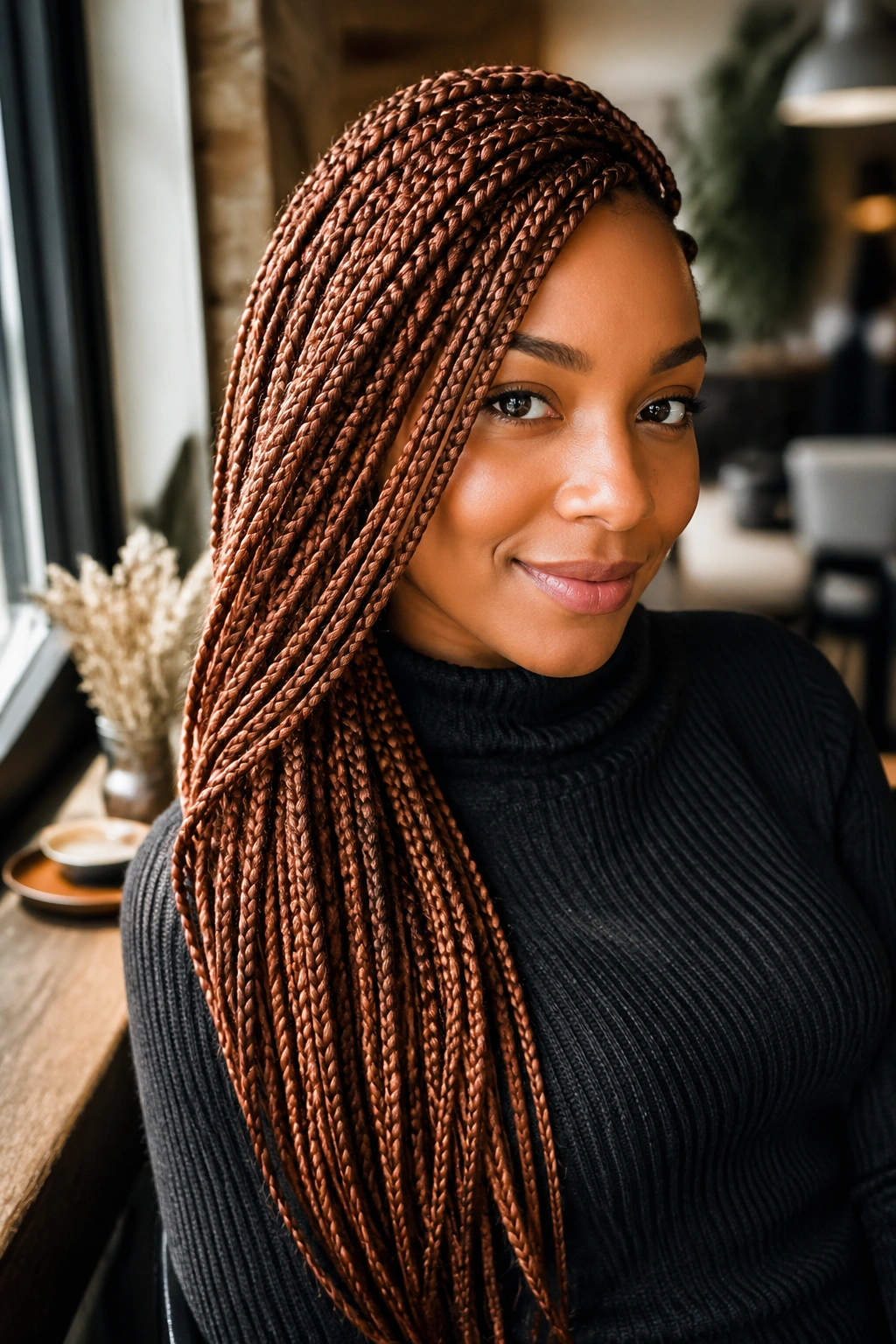 Side-swept warm auburn lemonade braids along the shoulder on a real person