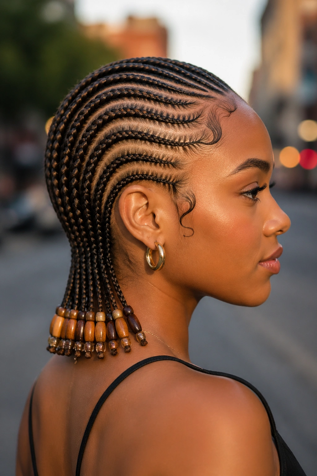 Real woman with lemonade Fulani braids and beads at the nape.