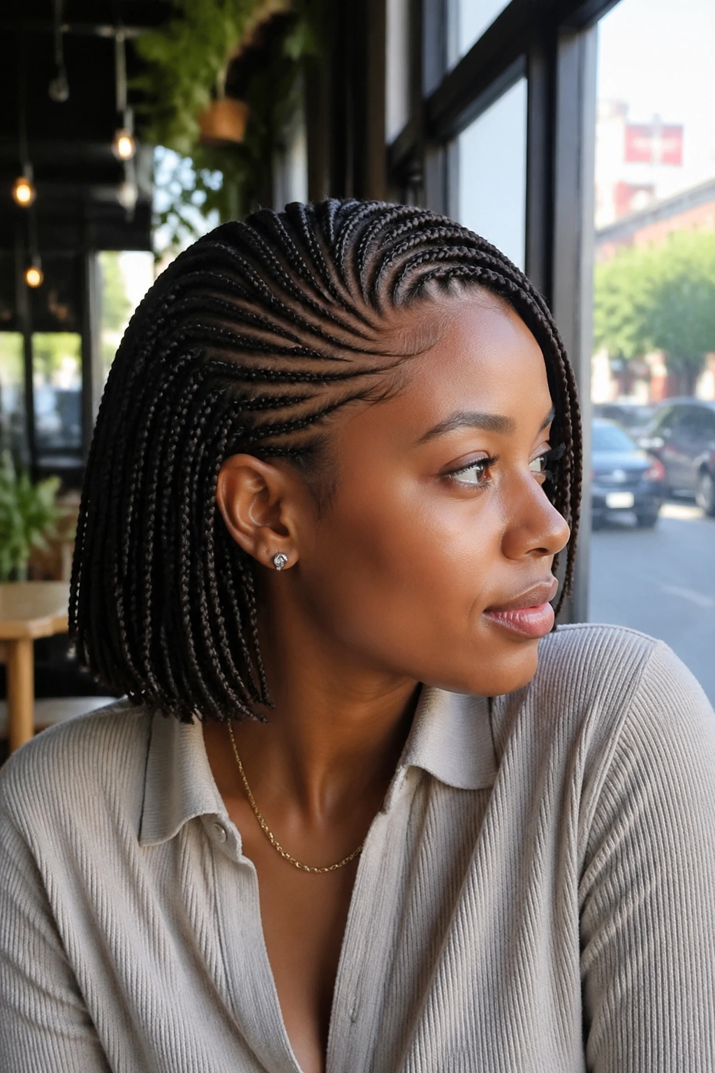 Close-up of a real woman with lemonade braids in a bob, side-swept across the head in natural daylight