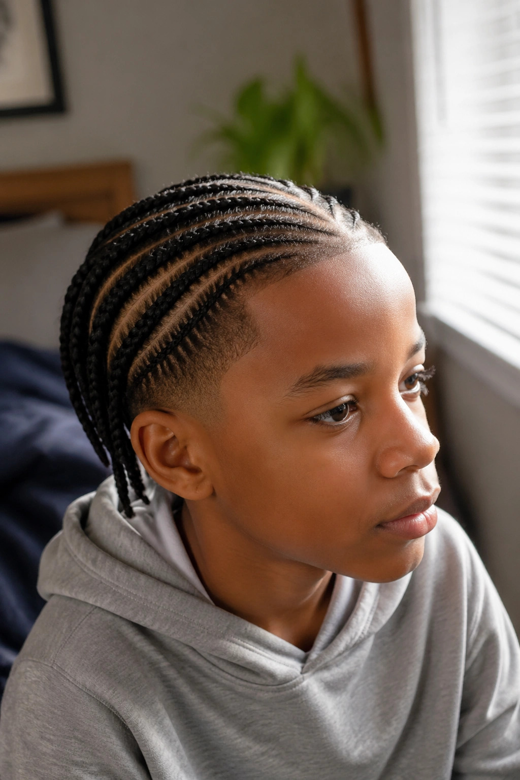Close-up portrait of a real boy with lemonade braids swept to the side, in natural window light.