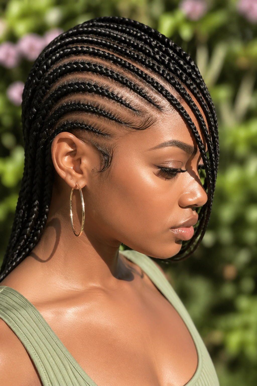 Side-profile of lemonade braids sweeping across the face on a real woman outdoors