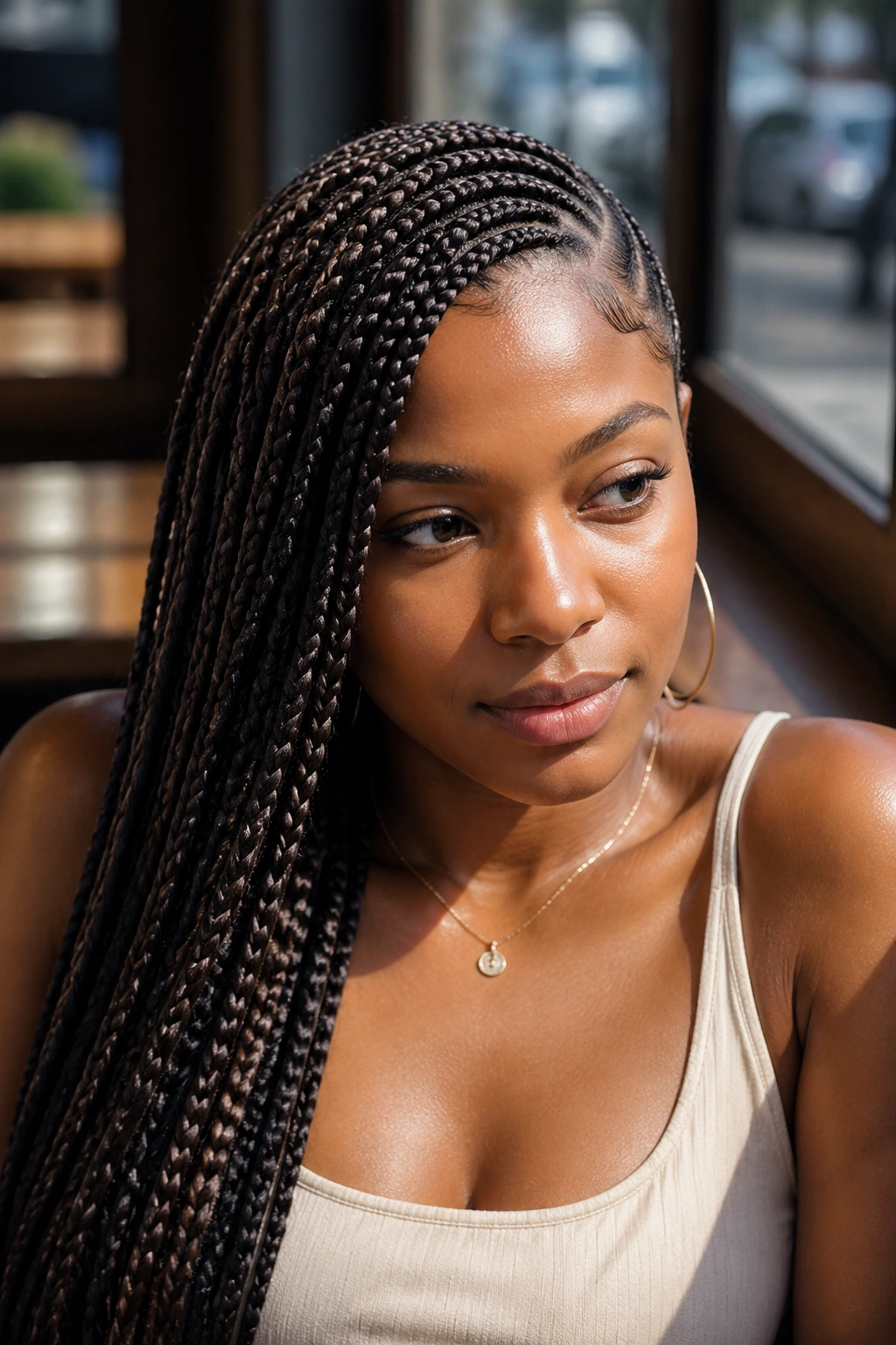 Close-up of a real woman with lemonade braids and diagonal side part