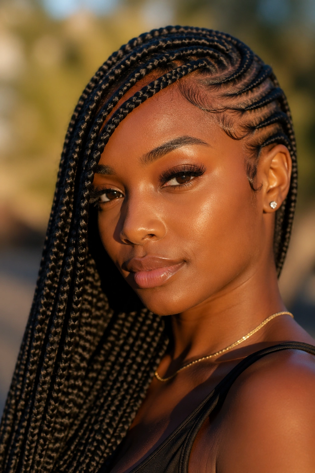 Lemonade braids side-swept on a real woman in golden hour light