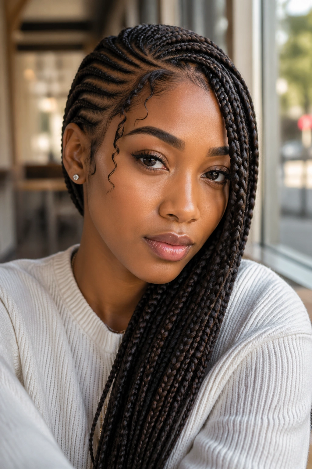 Close-up of a real woman's Lemonade Braids swept to the side under warm daylight.