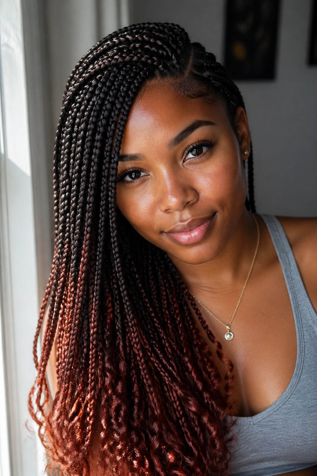 Portrait of a real person with lemonade braids and rust-tipped ends along a side part.