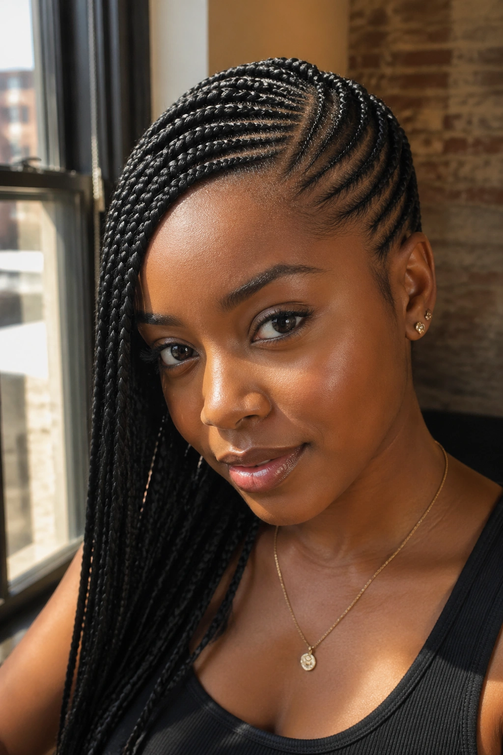 Close-up of lemonade braids swept to the side on a real person