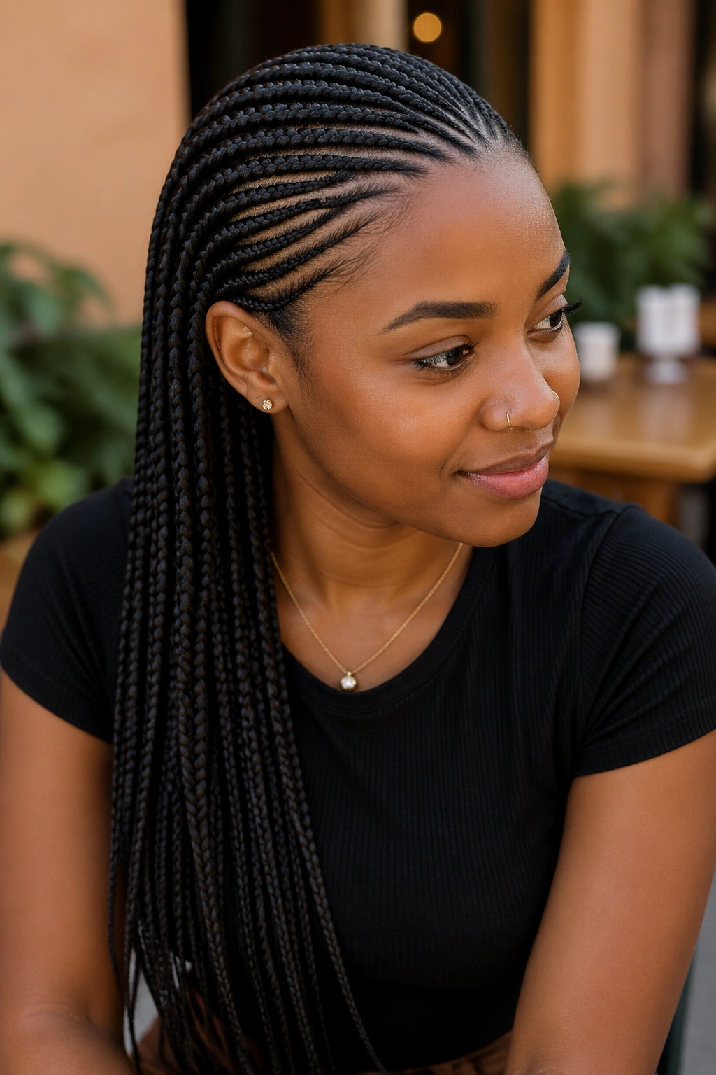 Real person with side-swept lemonade braids in an outdoor cafe setting
