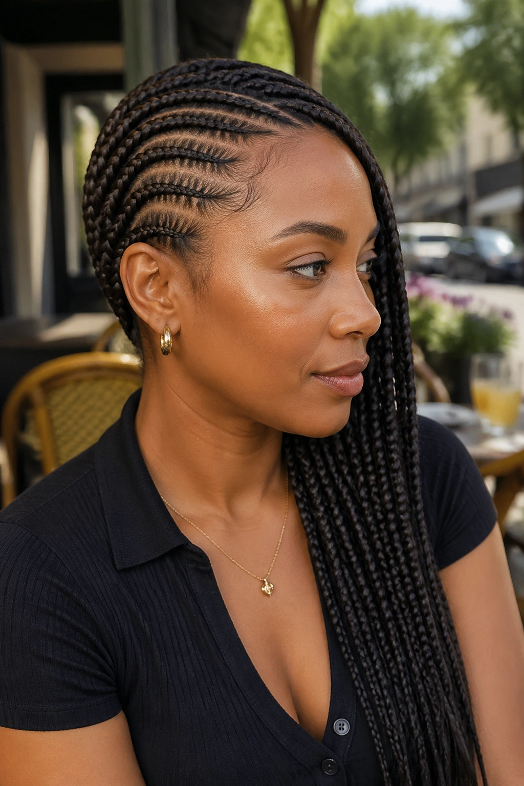 Close-up of real woman with lemonade side-swept braids across head
