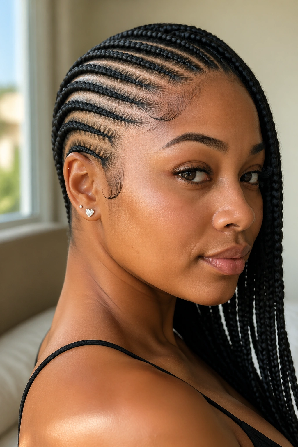 Close-up of a real woman with side-swept lemonade cornrows