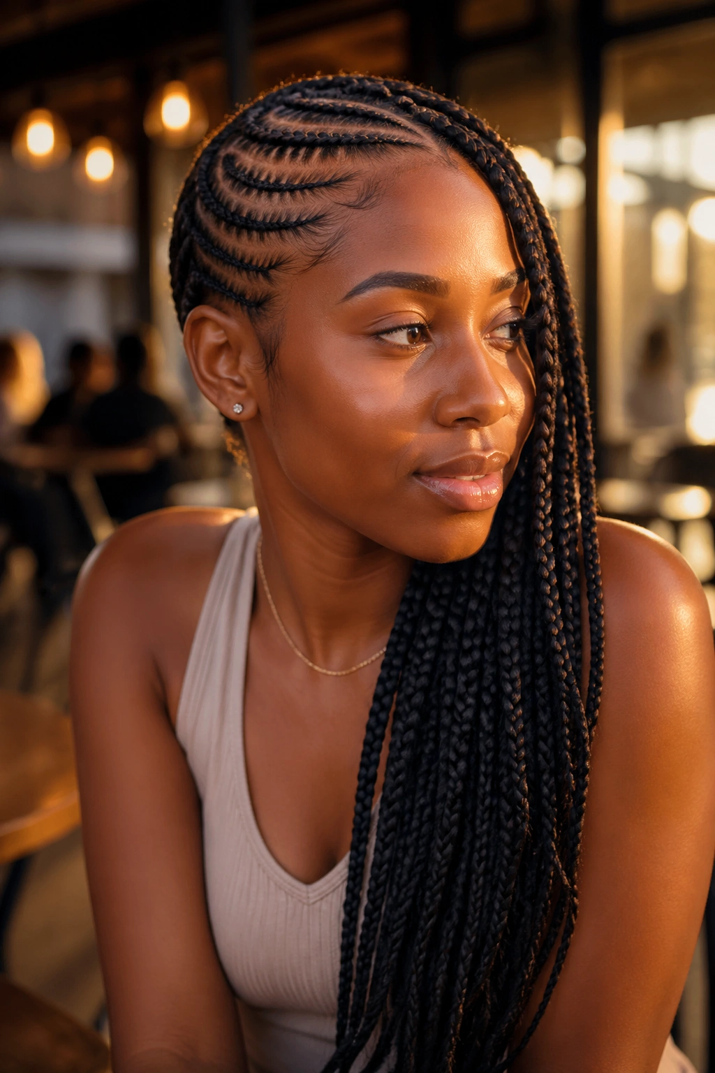 Close-up of lemonade-style goddess braids slanting to one side