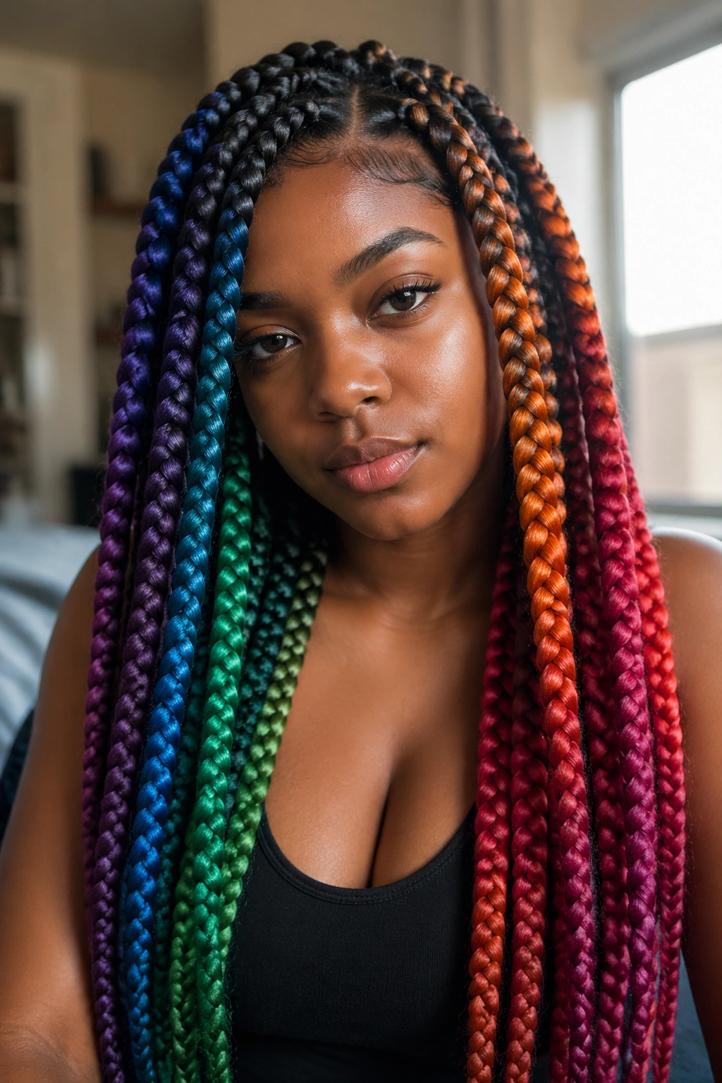 Real person with long dense jumbo rainbow box braids showing length and texture