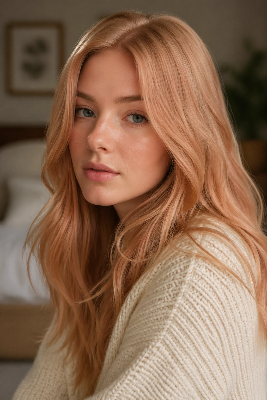 Close-up of a real person with light strawberry copper hair
