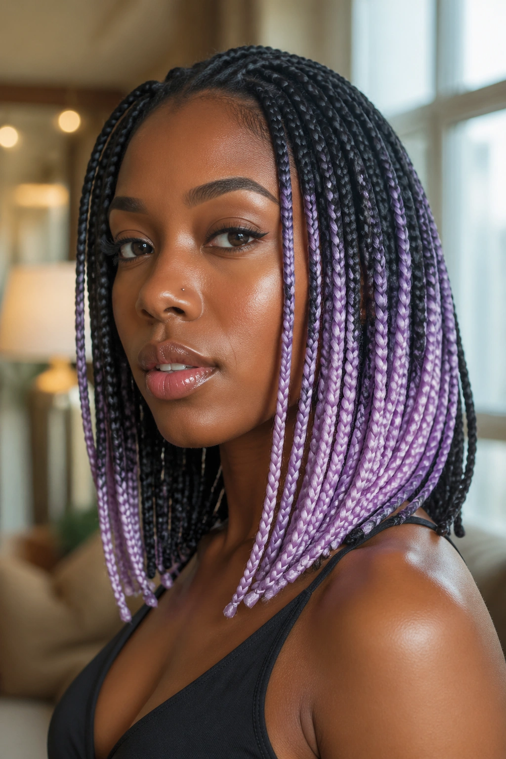 Knotless braids with lilac mid-length color reveal