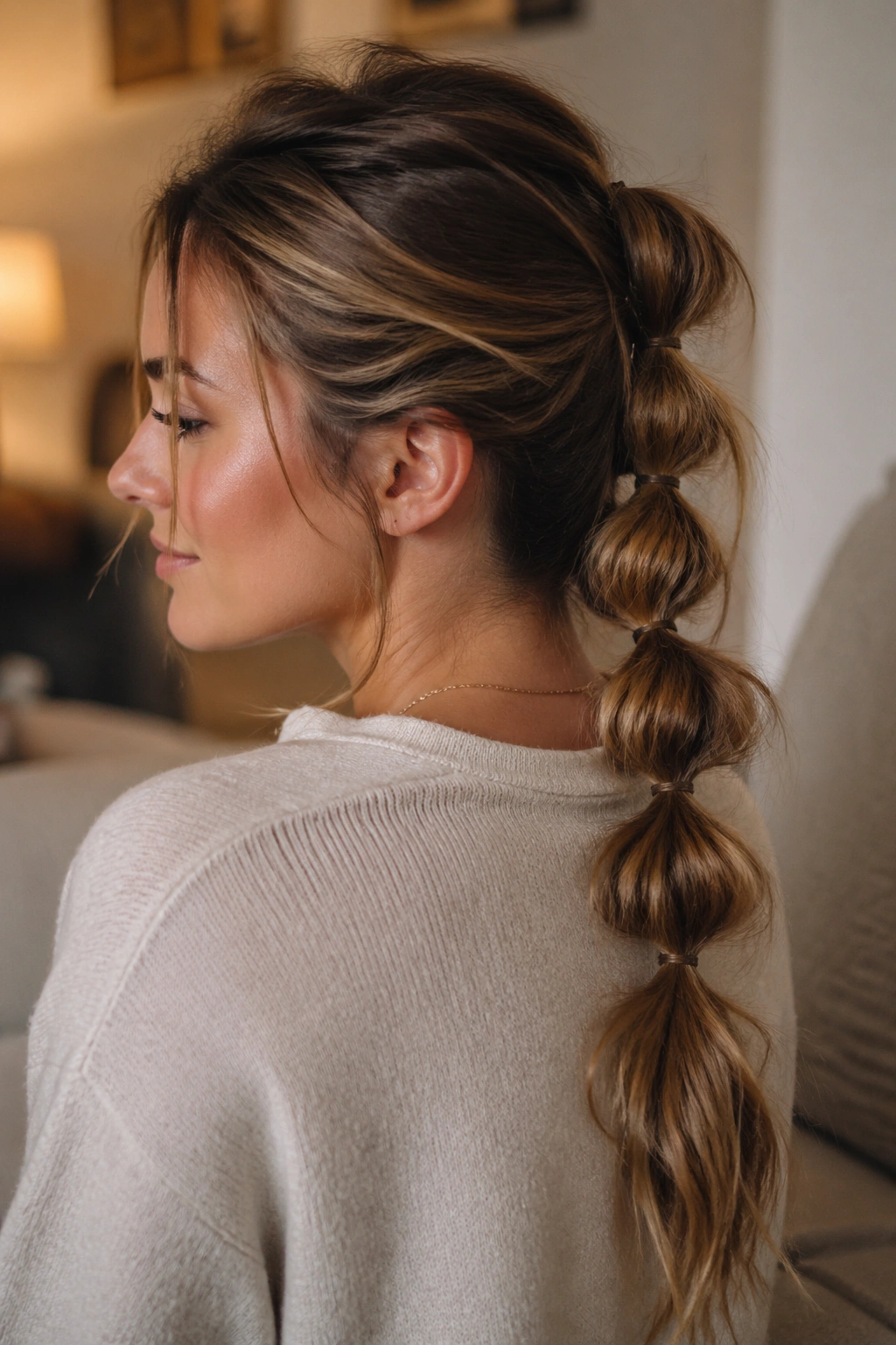 Close-up of The Leave-It-Lived-In Bubble Braid on a real woman's head with imperfect bubbles