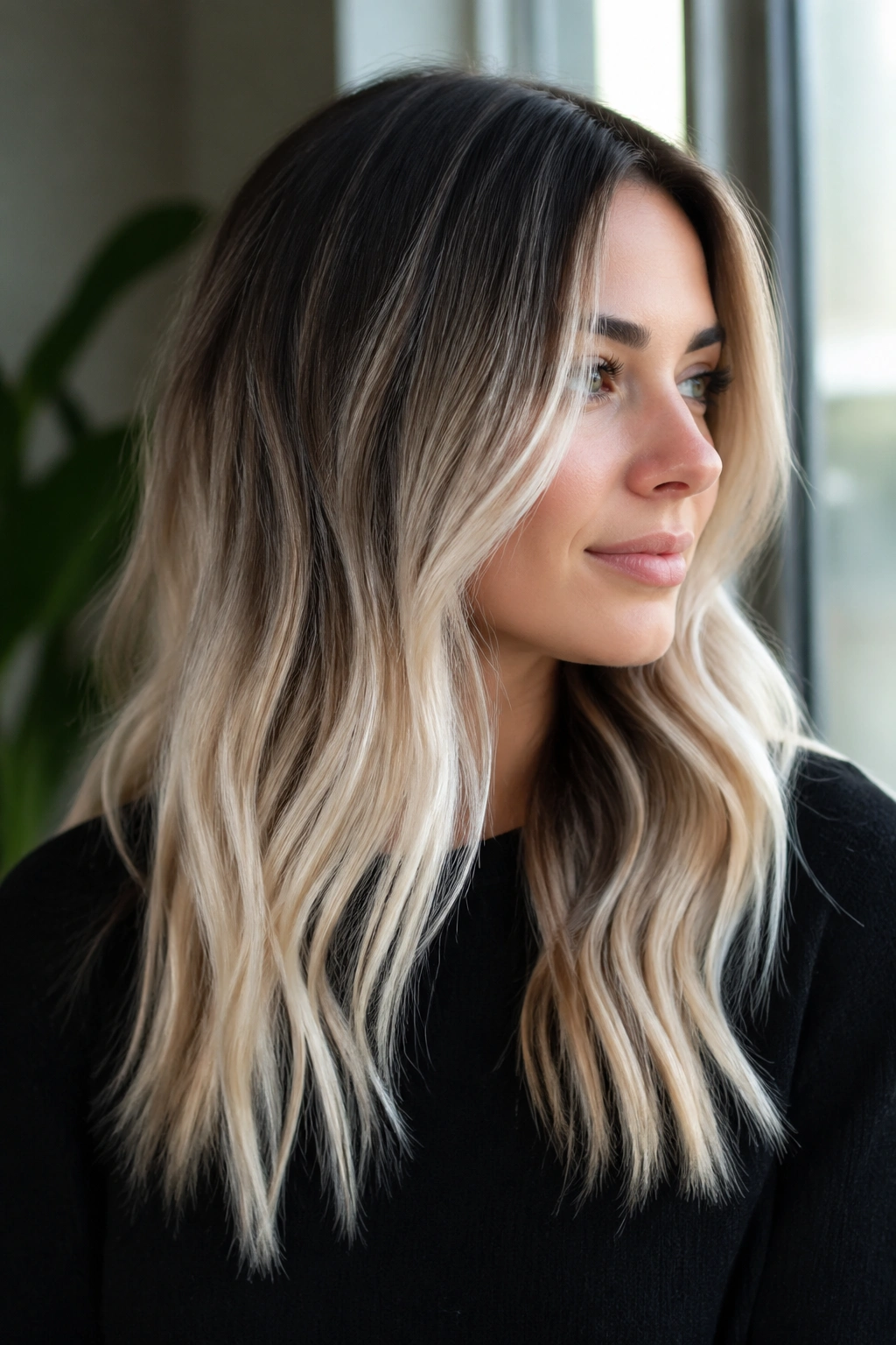 Portrait of a real woman with dark roots and platinum ends in a modern interior.