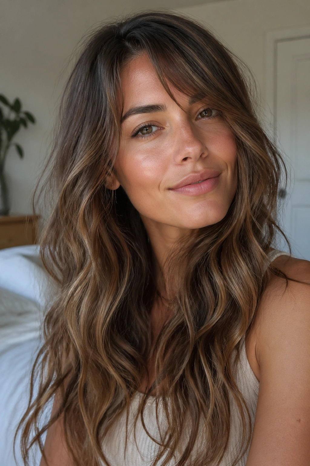 Close-up portrait of a real woman with lived-in waves and invisible side bangs.