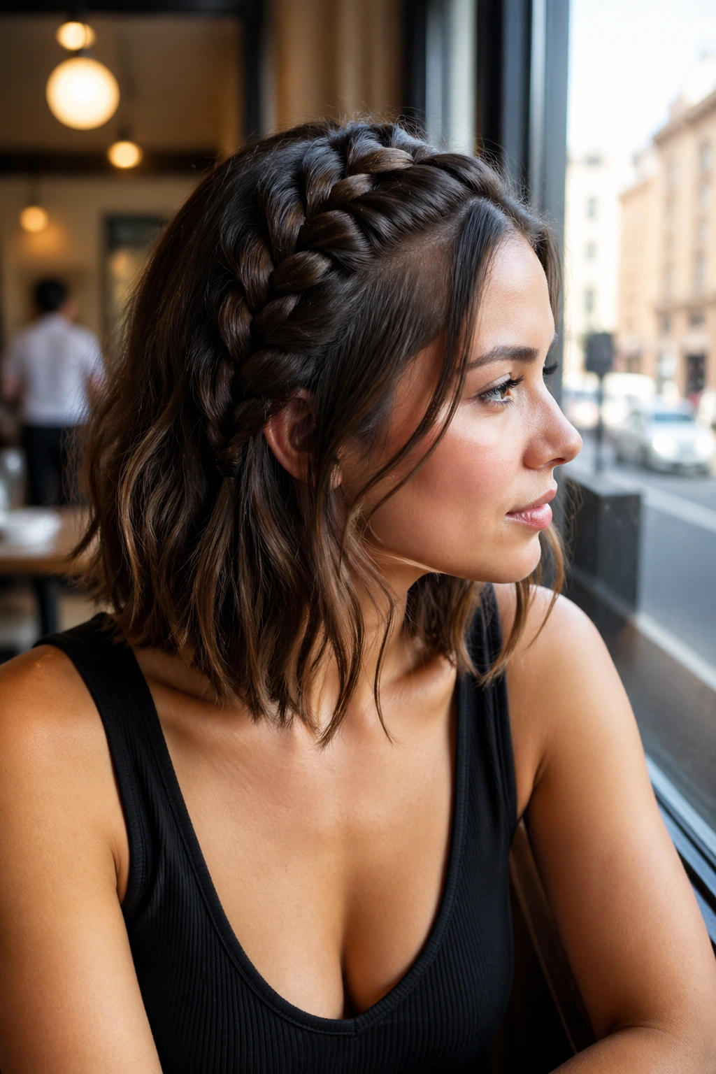 Head-and-shoulders portrait of a woman with a French braid on a lob