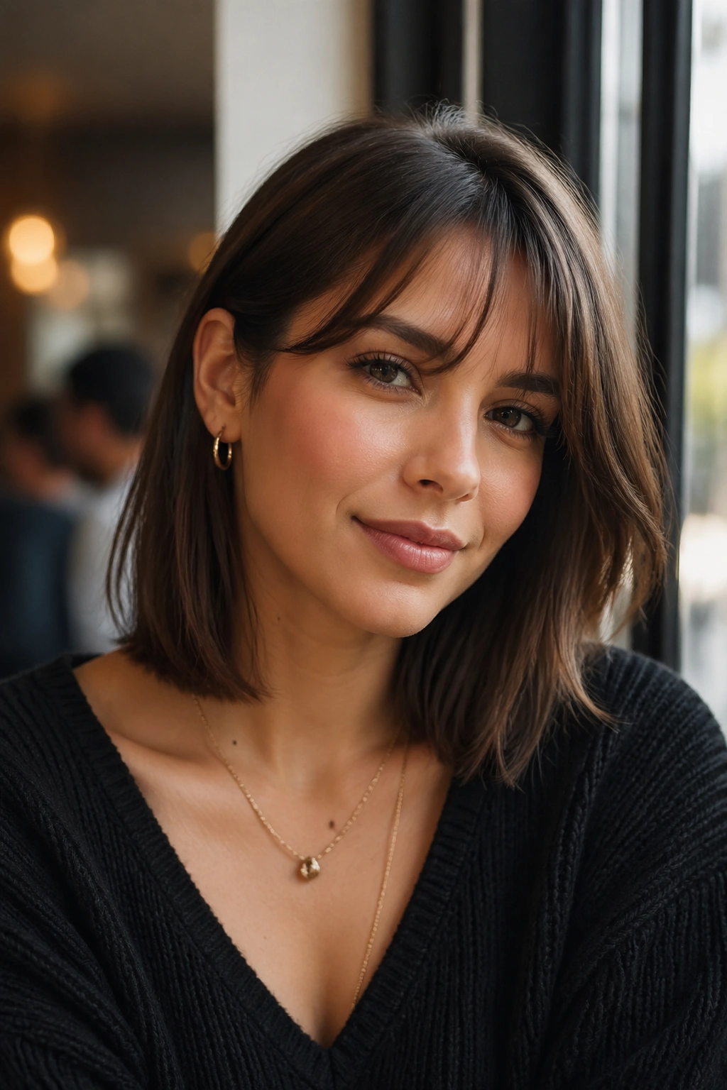Close-up of a real woman with a tucked-behind-ear lob and floating wispy bangs in cafe daylight