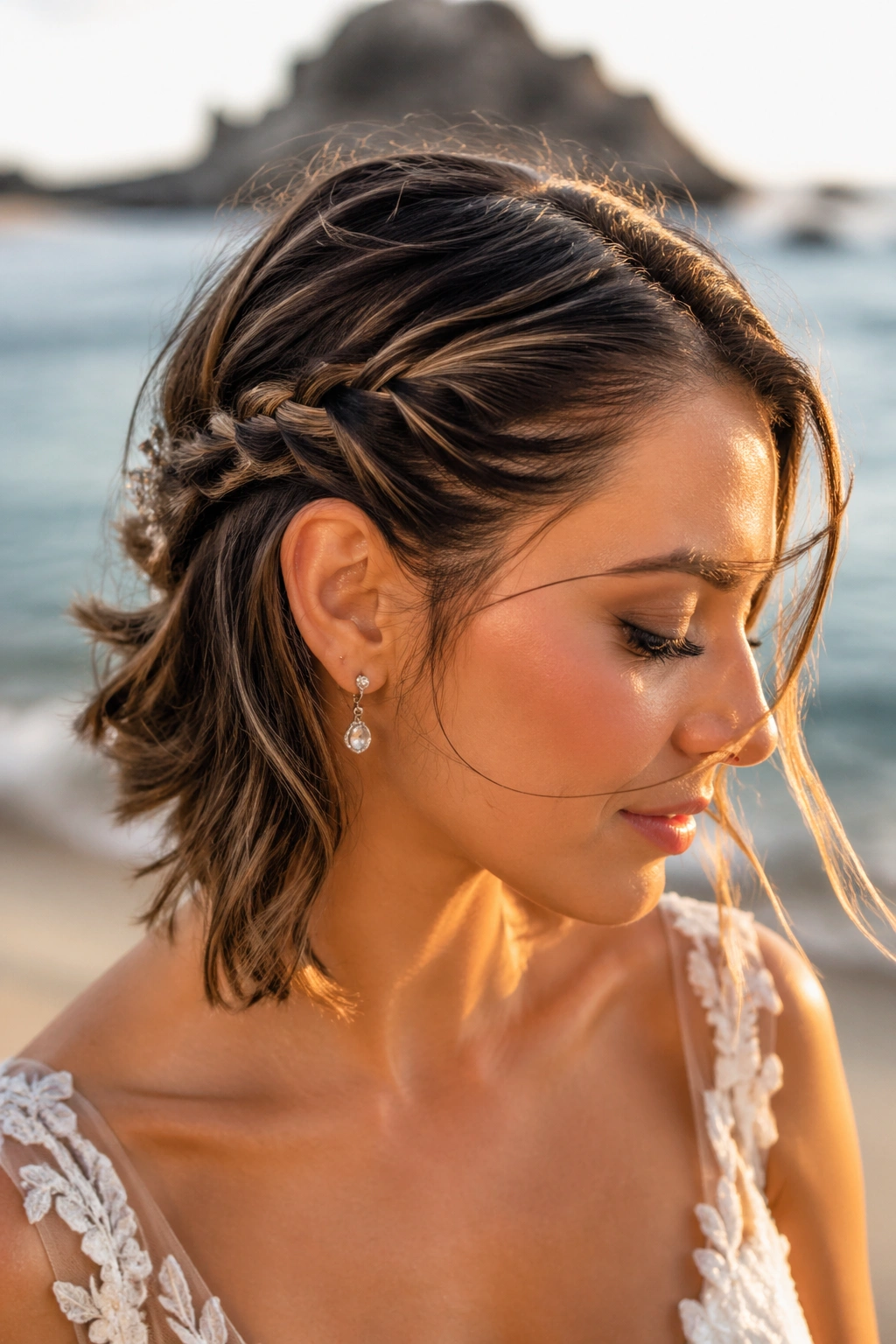 Close-up bride with lob-length rope braid on a windy beach