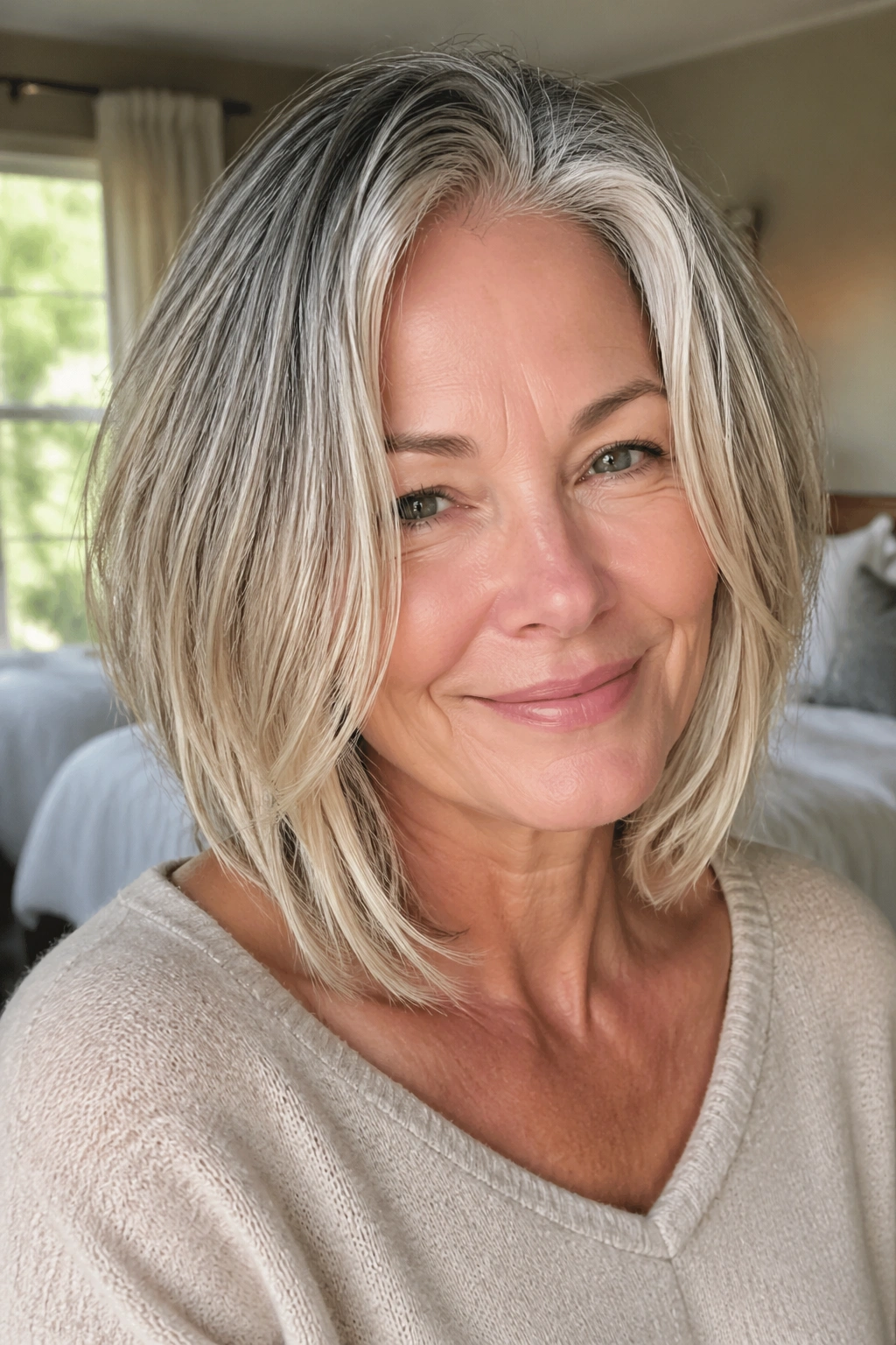 Close-up of a real woman with a collarbone-length lob featuring soft ends and damp roots in warm natural light