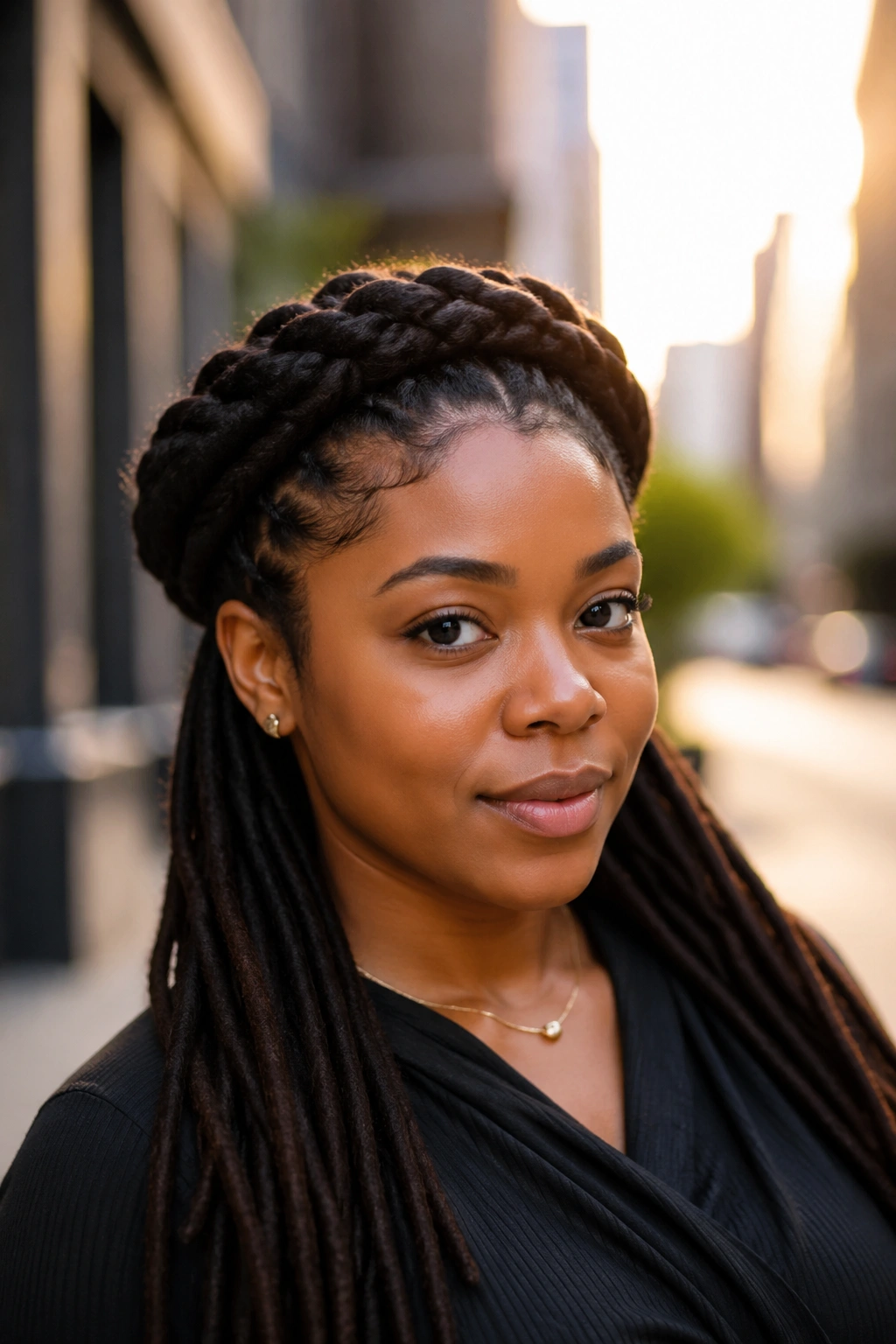 Close-up of a real woman wearing a loc halo wrap