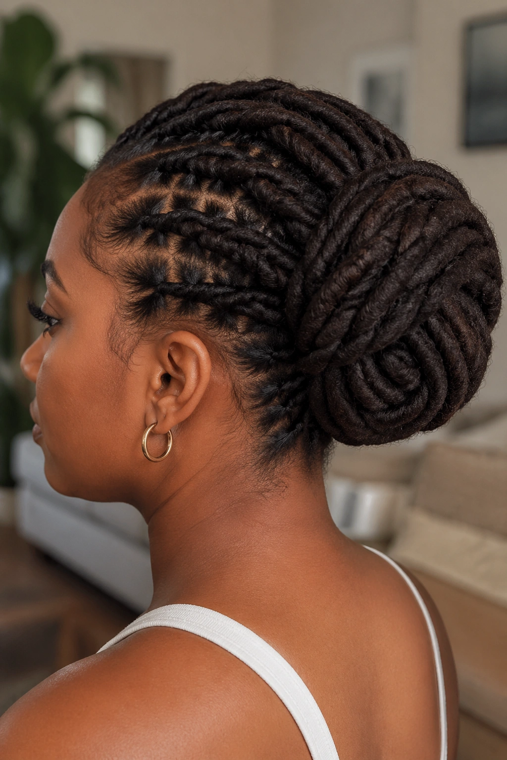 Close-up of a real person with a woven loc bun, balanced and snug