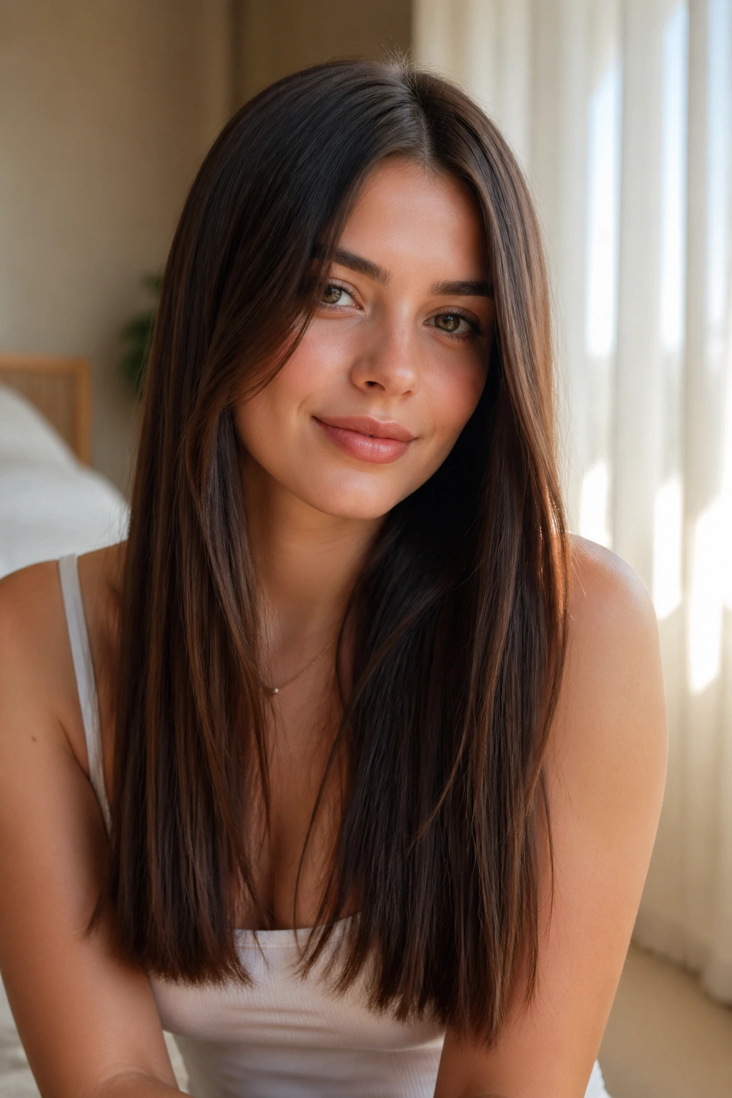 Real woman with long blunt cut and subtle inner layers visible.